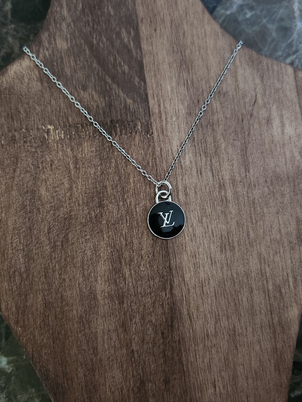 Silver Chain Necklace with Black LV Pendant